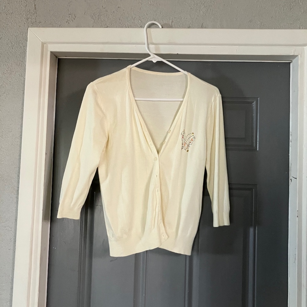 3/4 Sleeve Cream Cardigan with Butterfly Sequin Design - fits like women's S